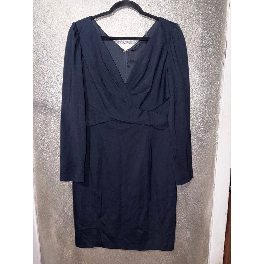 Elie Tahari Zoe Stargazer Dress 12 Navy Ruched V Neck Long Sleeve Sheath NWT - Picture 3 of 11